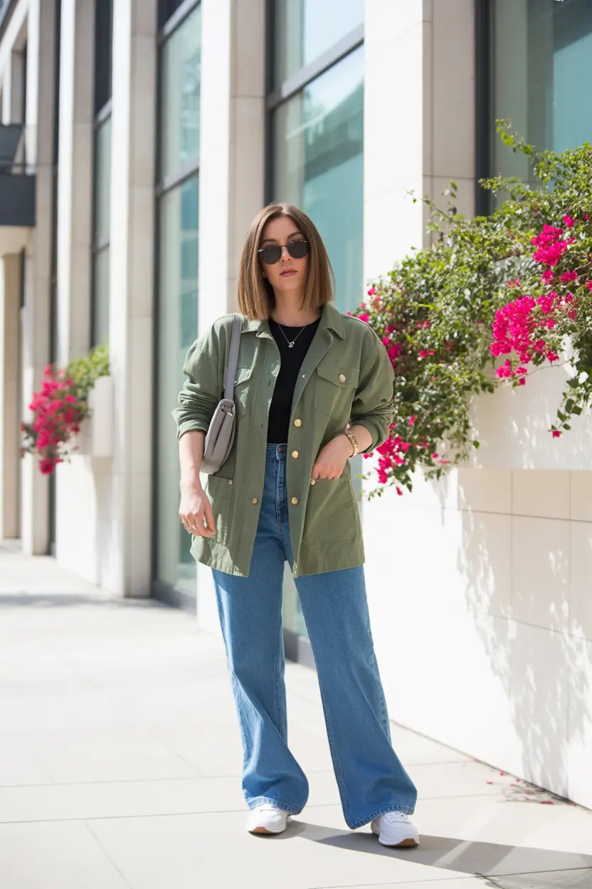 early spring outfits cold weather 2026 utility jacket denim