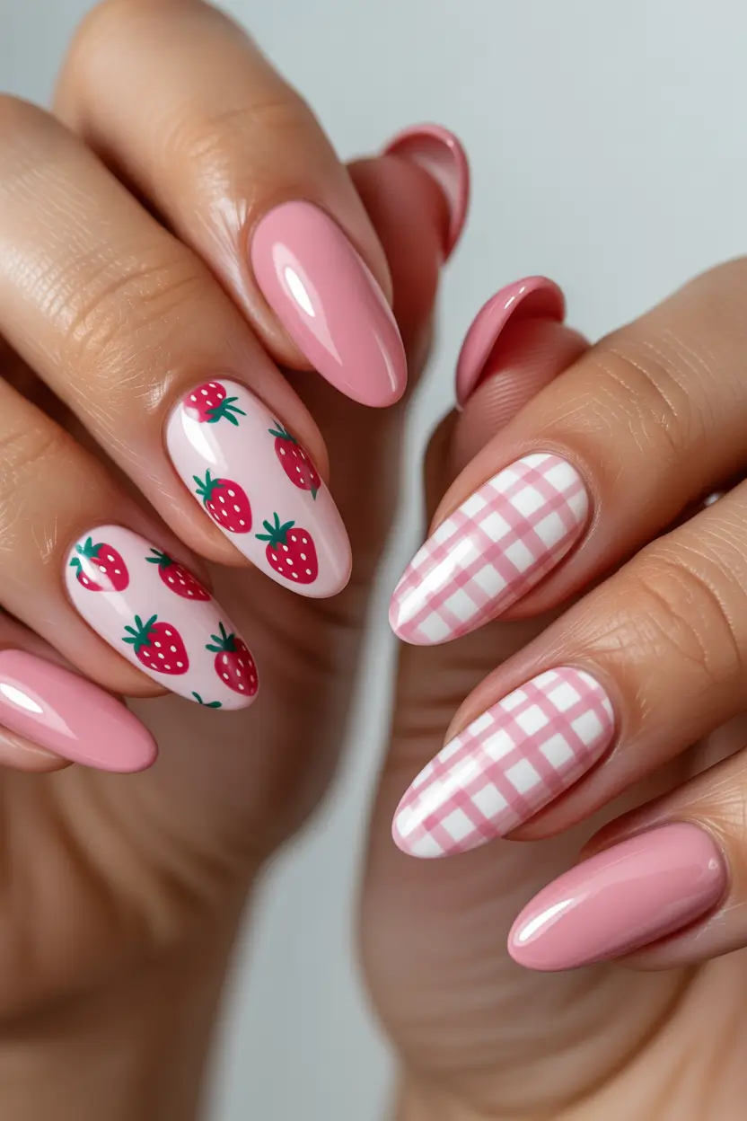 March Nails ideas 2026 - spring trends Sweet Strawberry Details With Gingham Charm