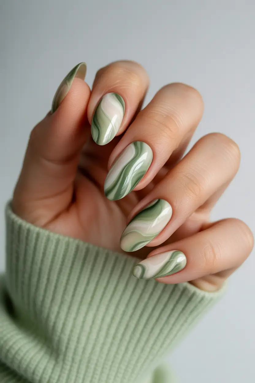 March Nails ideas 2026 - spring trends Soft Green Marble With a Calm Organic Flow