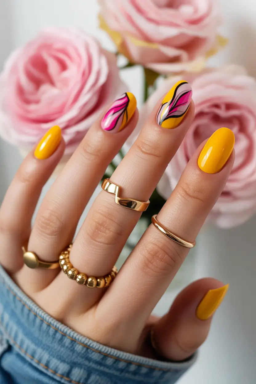 March Nails ideas 2026 - spring trends Bold Yellow With Abstract Floral Energy