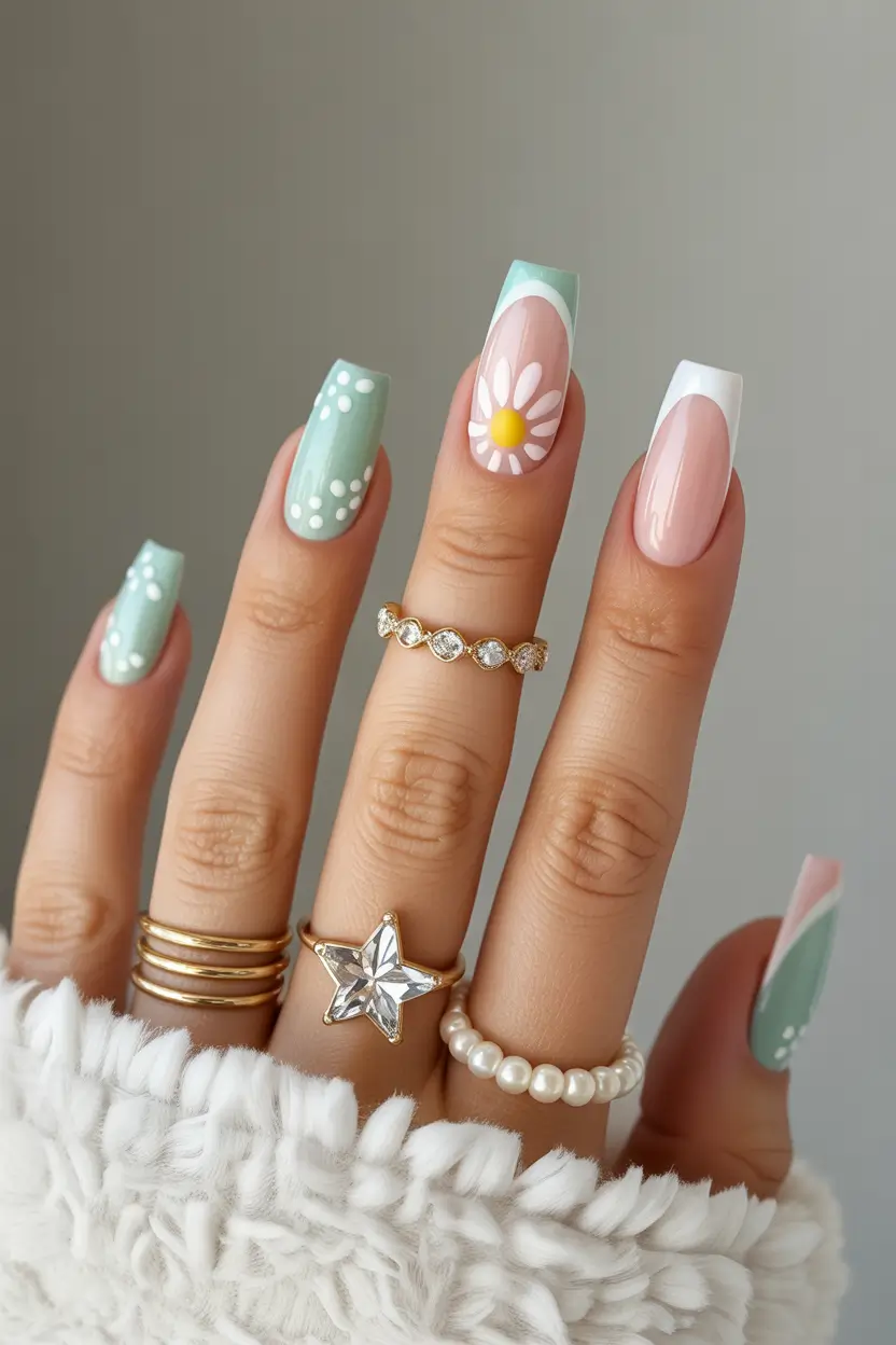 March Nails ideas 2026 - spring trends Mint and Nude With Daisy Inspired Details