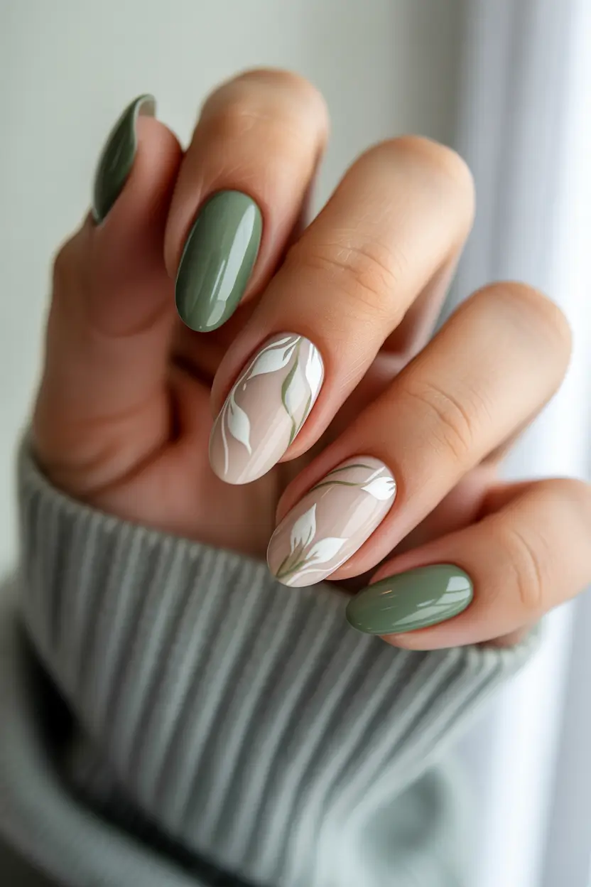 March Nails ideas 2026 - spring trends Neutral Blush With Elegant Leaf Line Art