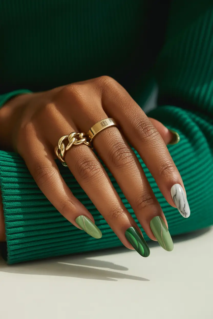 March Nails ideas 2026 - spring trends Modern Green Mix With Minimal Marble Accents