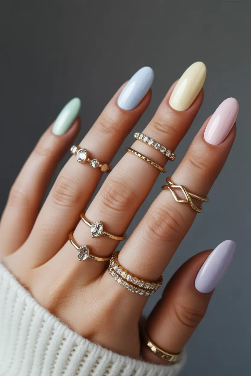March Nails ideas 2026 - spring trends Pastel Almond Nails With a Soft Polished Glow