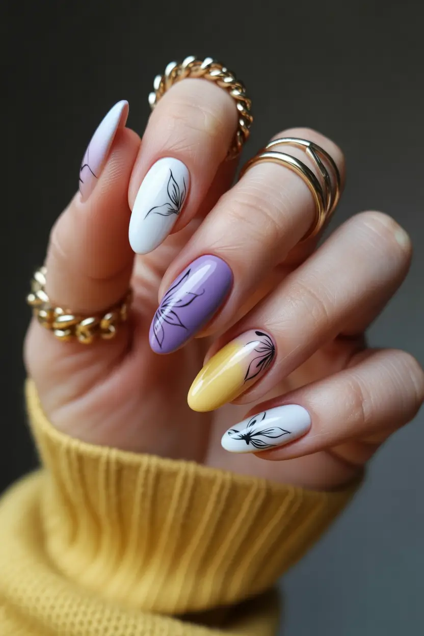 March Nails ideas 2026 - spring trends Mixed Pastels With Graphic Botanical Line Art