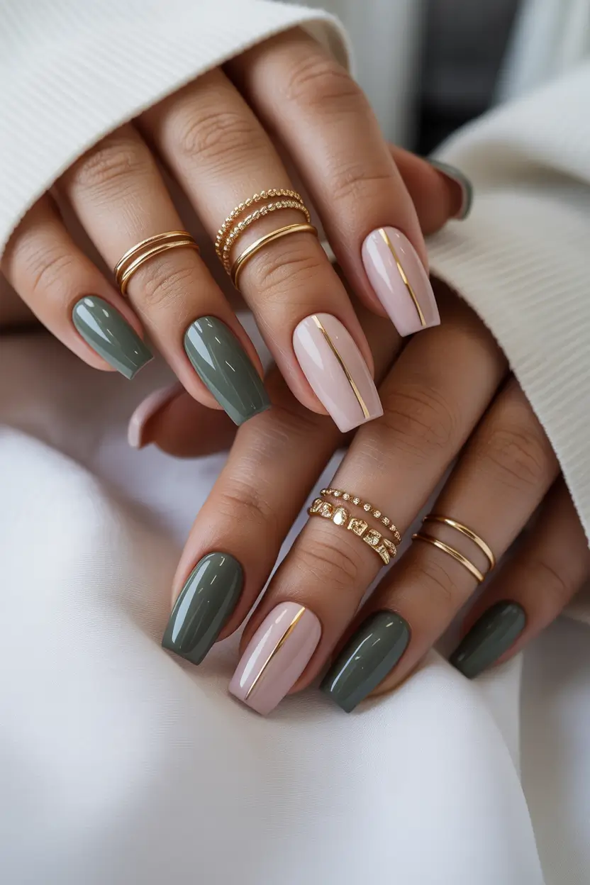 March Nails ideas 2026 - spring trends Muted Green and Blush With Subtle Gold Precision