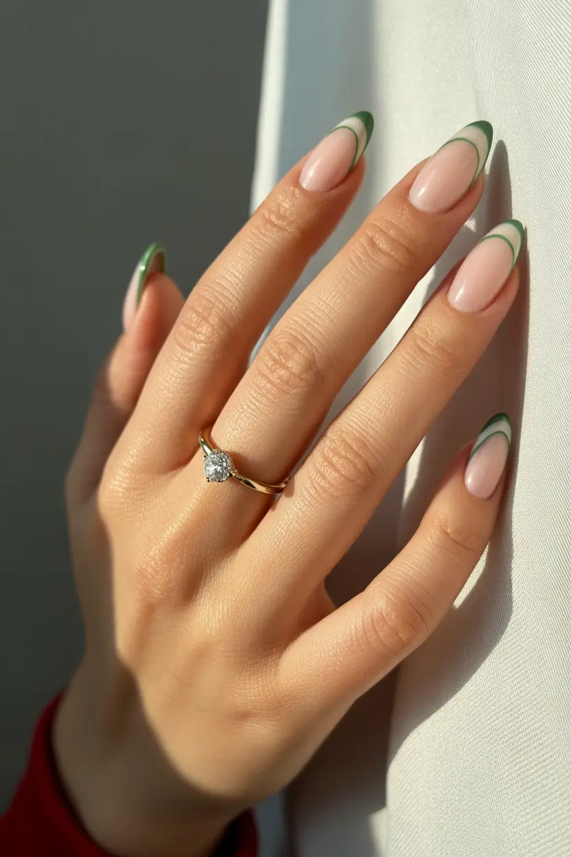 March Nails ideas 2026 - spring trends Minimal French Almond With a Fresh Green Edge