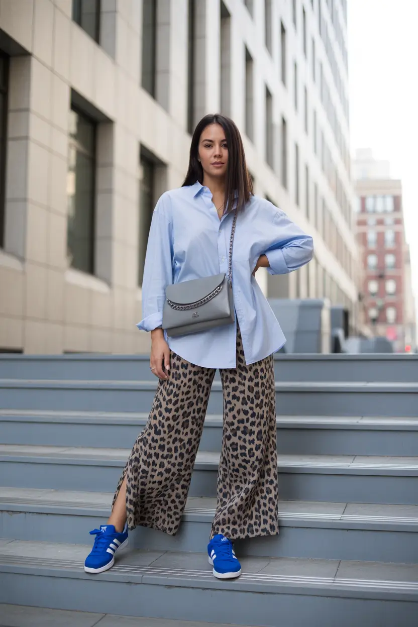March Outfits ideas 2026 - spring trends classic shirt leopard pants 16