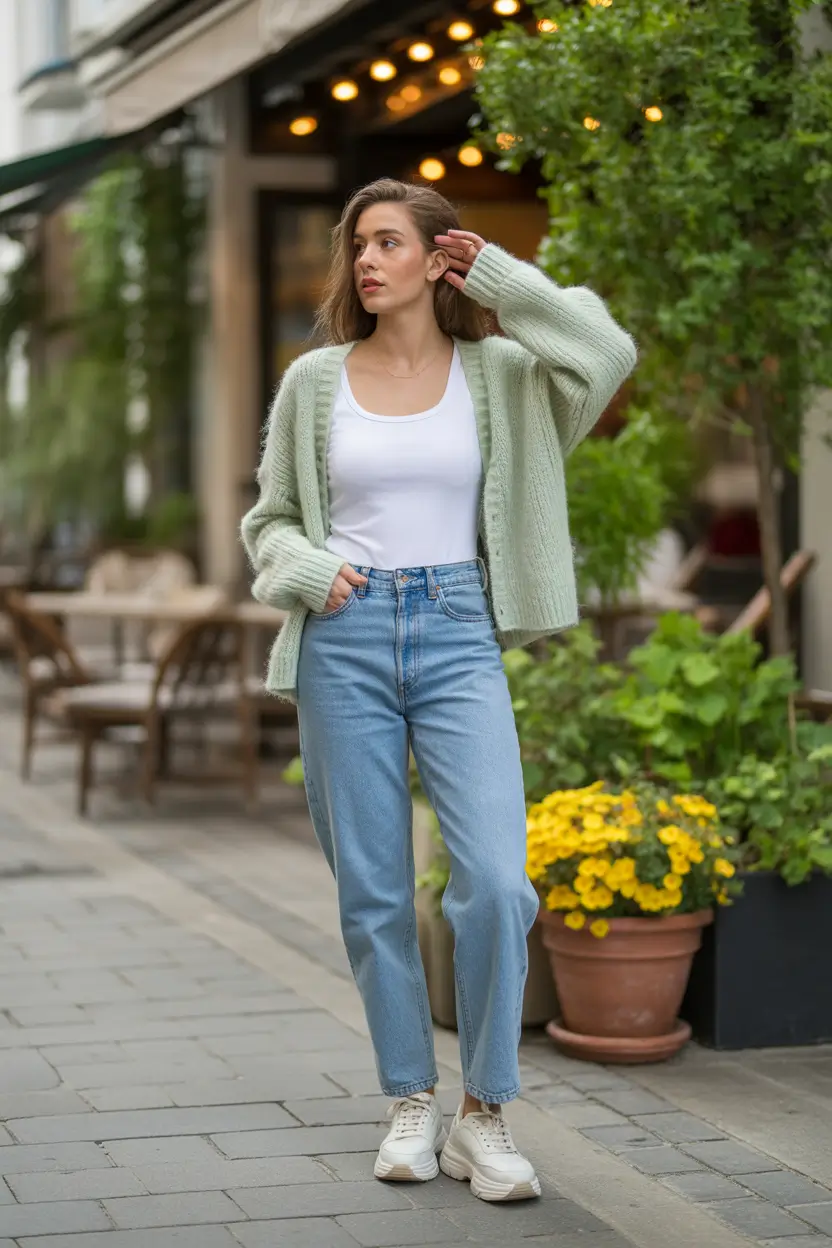 March Outfits ideas 2026 - spring trends light green cardigan