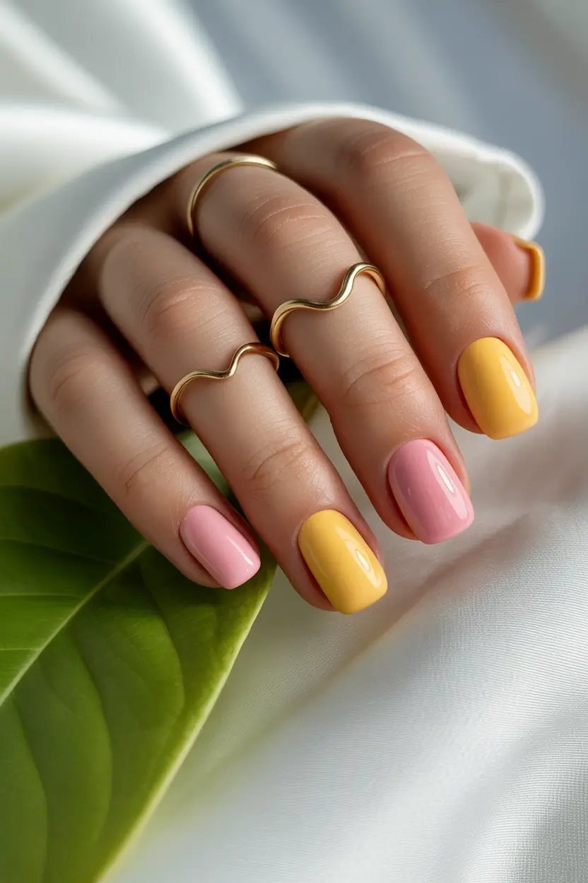pretty spring nail colors 2026 yellow pink solid