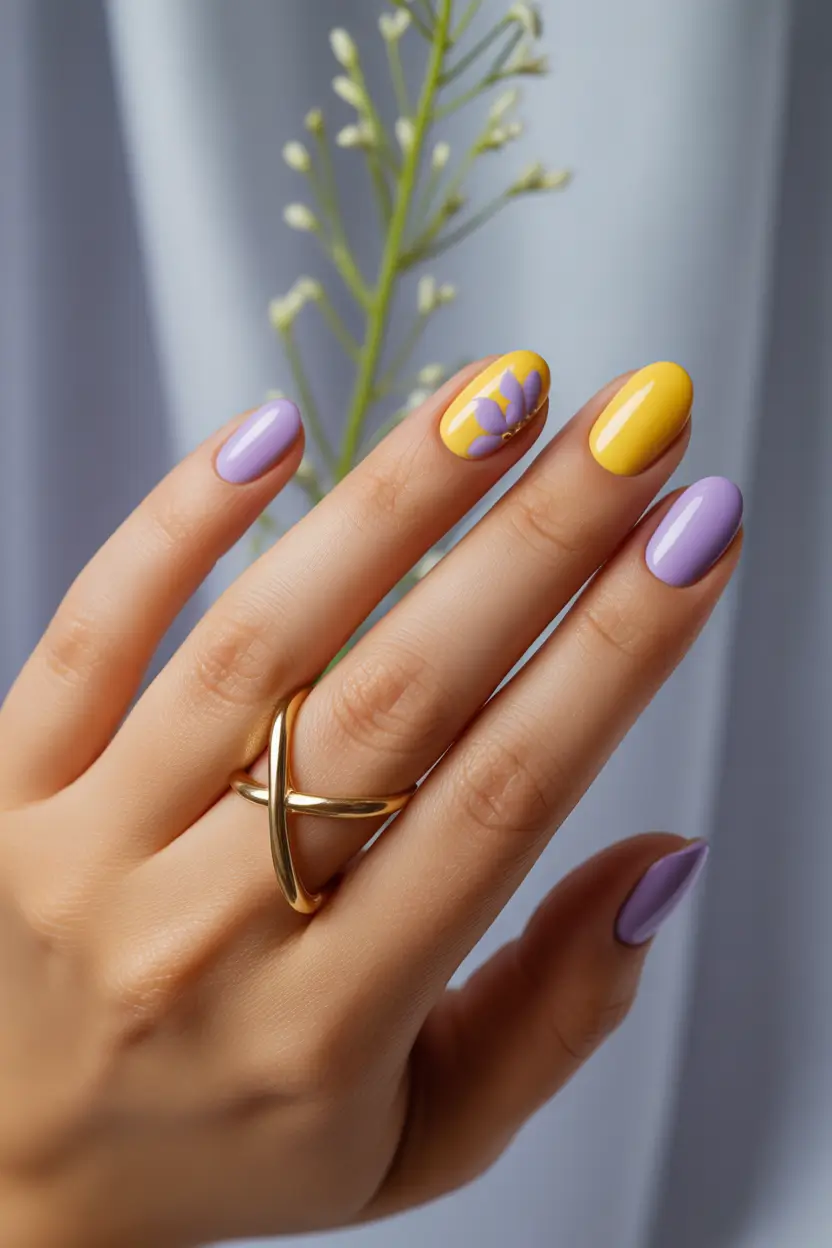 pretty spring nail colors 2026 yellow lilac floral