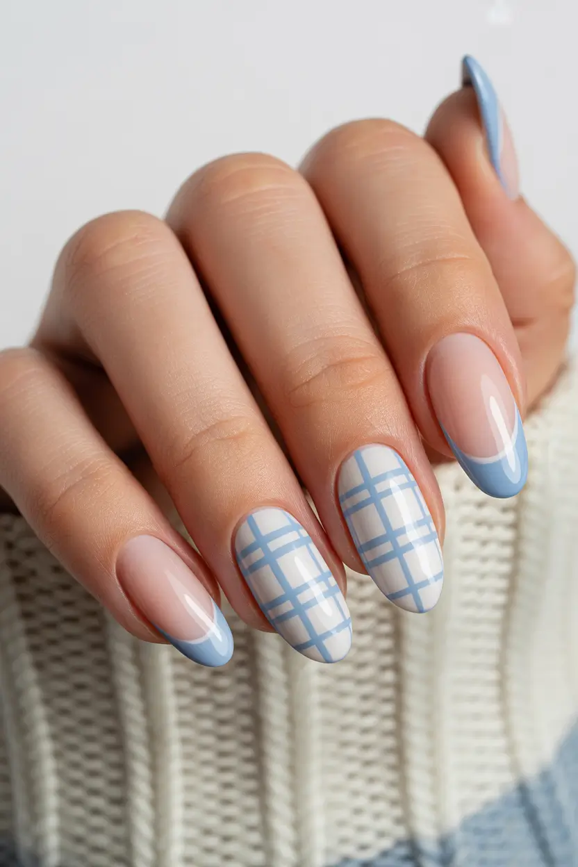 pretty spring nail colors 2026 blue check french