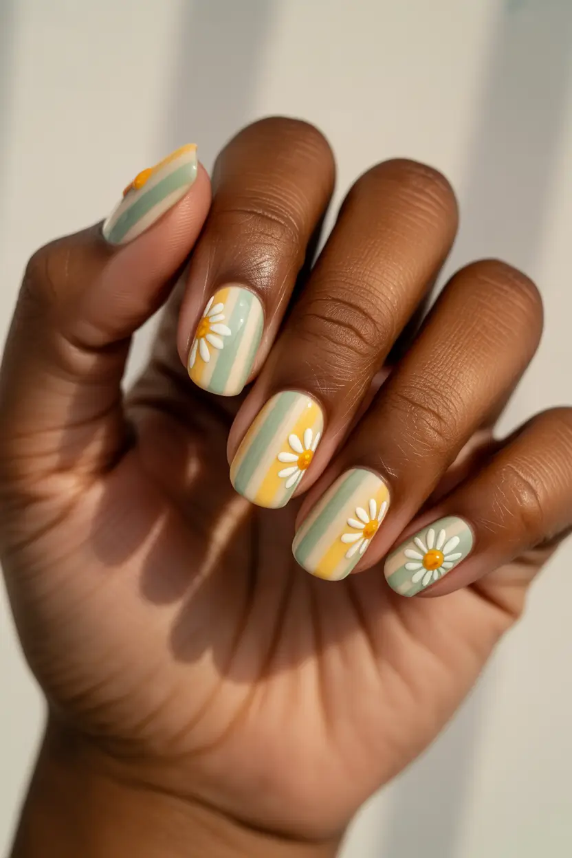 pretty spring nail colors 2026 striped daisy short nails