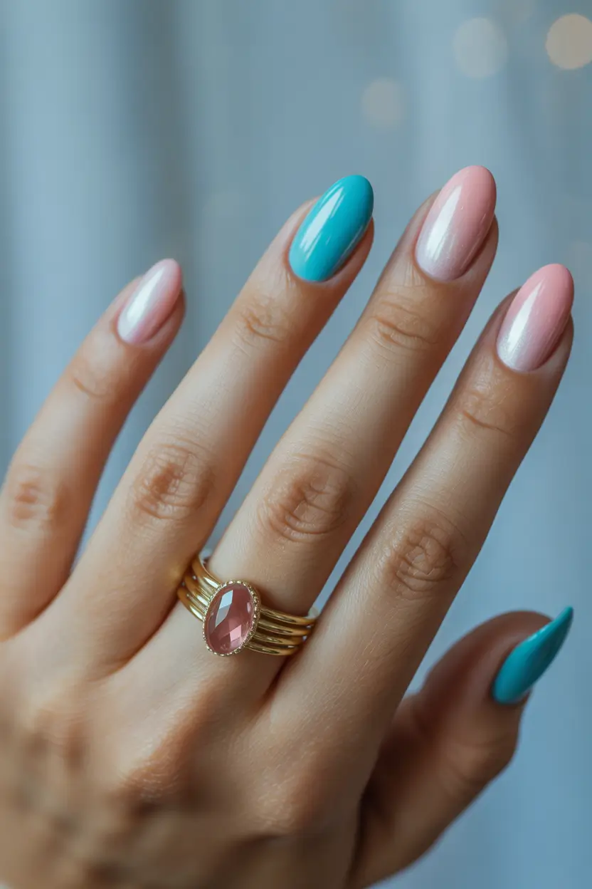 pretty spring nail colors 2026 pink and blue accent