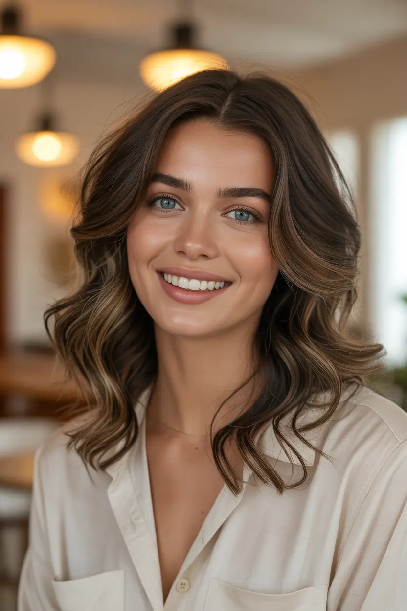 spring mid length haircut Relaxed Mid Length Waves with Everyday Softness