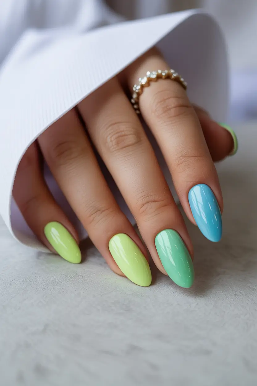 trendy spring nails designs 2026 green blue almond