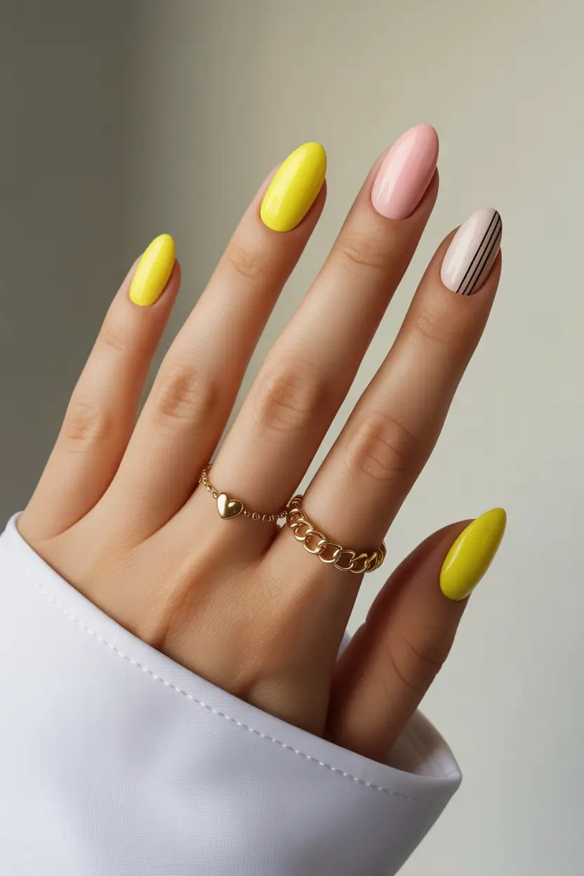 trendy spring nails designs 2026 yellow minimal lines