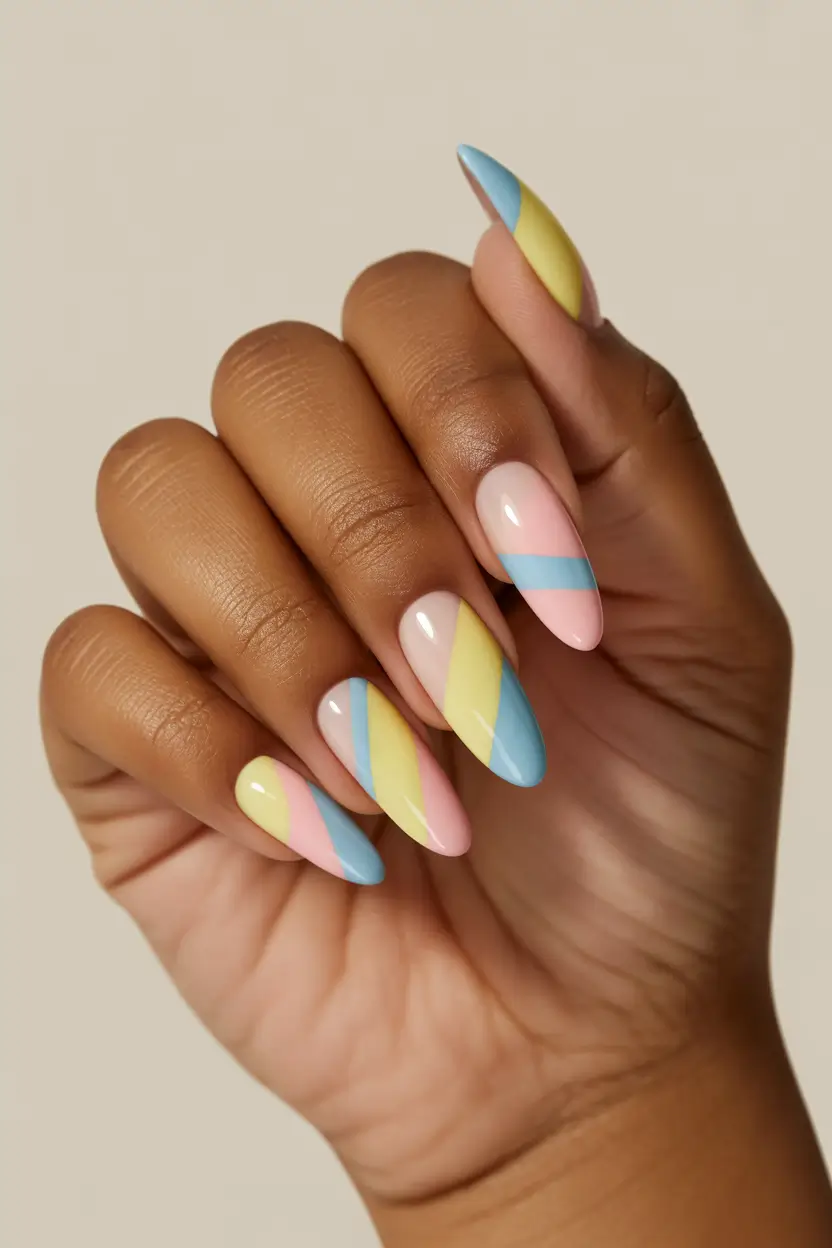 trendy spring nails designs 2026 diagonal pastel almond