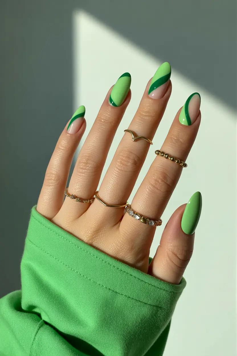 trendy spring nails designs 2026 green graphic almond